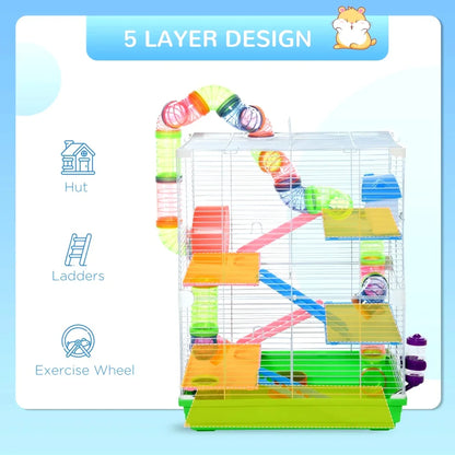 PawHut 18" 5-Tier Hamster Cage with Tubes, Tunnels, Portable Handle, Water Bottle, Food Dish & Exercise Wheel for Small Animals like Rats and Gerbils