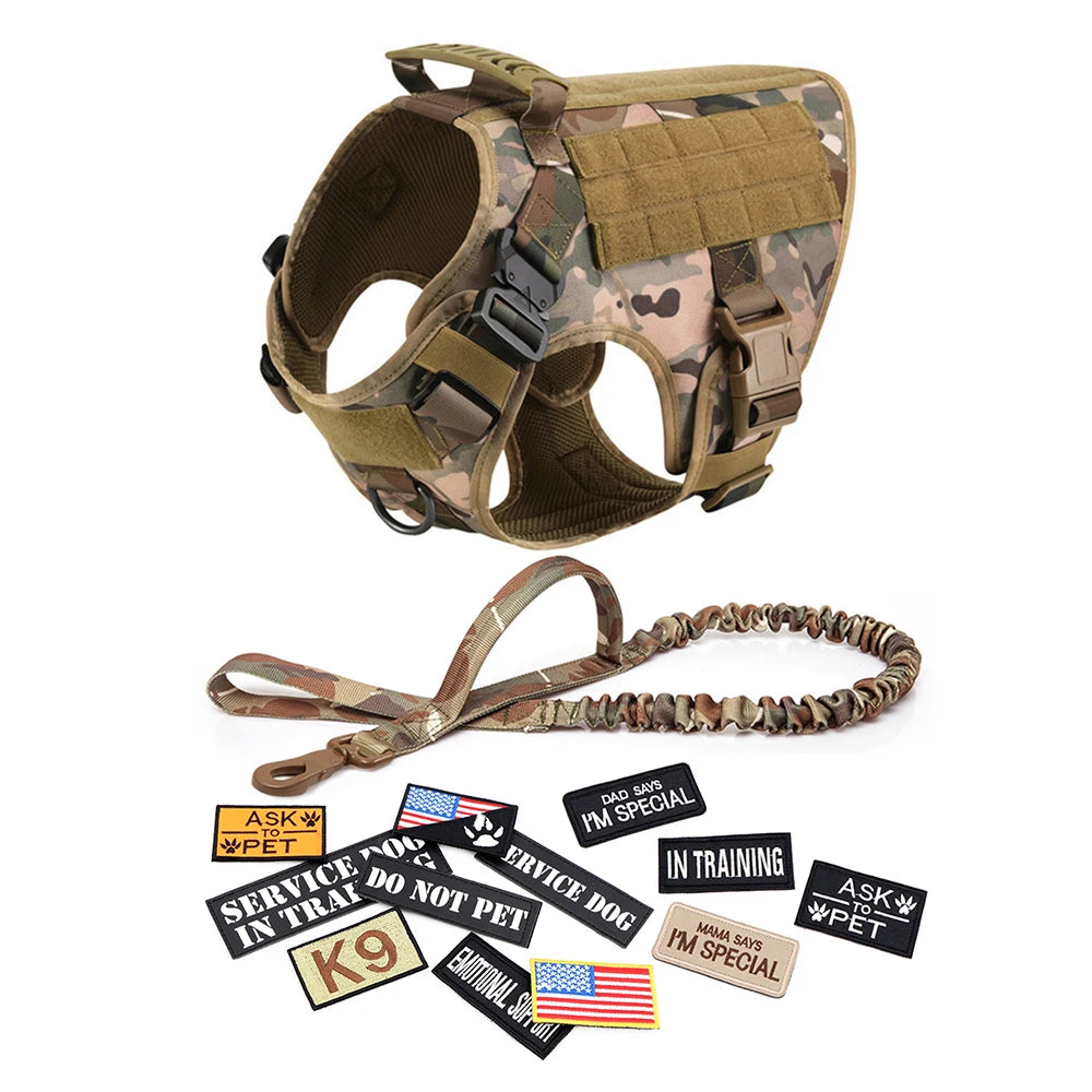 Military Dog Harness Collar Leash Bags Patches Set Training Vests