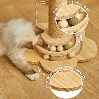 4-in-1 Wooden Cat Scratcher with Ball Track & Feather Toy Self-Play Kitten Activity Center