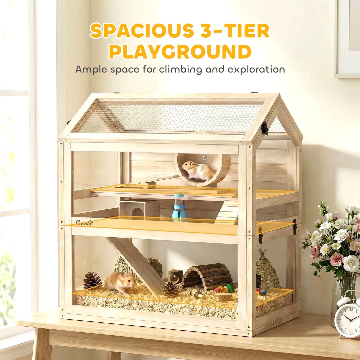 Wooden Hamster Cage, 3-Tier Small Animal Cage with Hut, Seesaw, Ramps