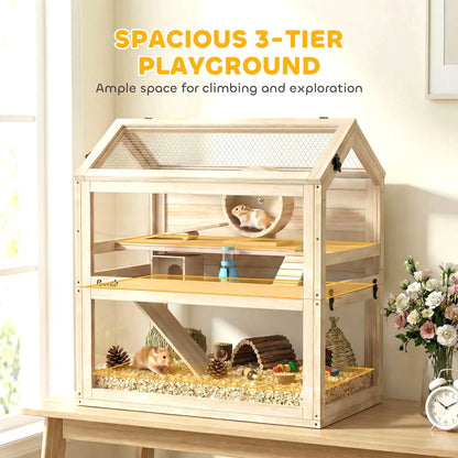 Wooden Hamster Cage, 3-Tier Small Animal Cage with Hut, Seesaw, Ramps