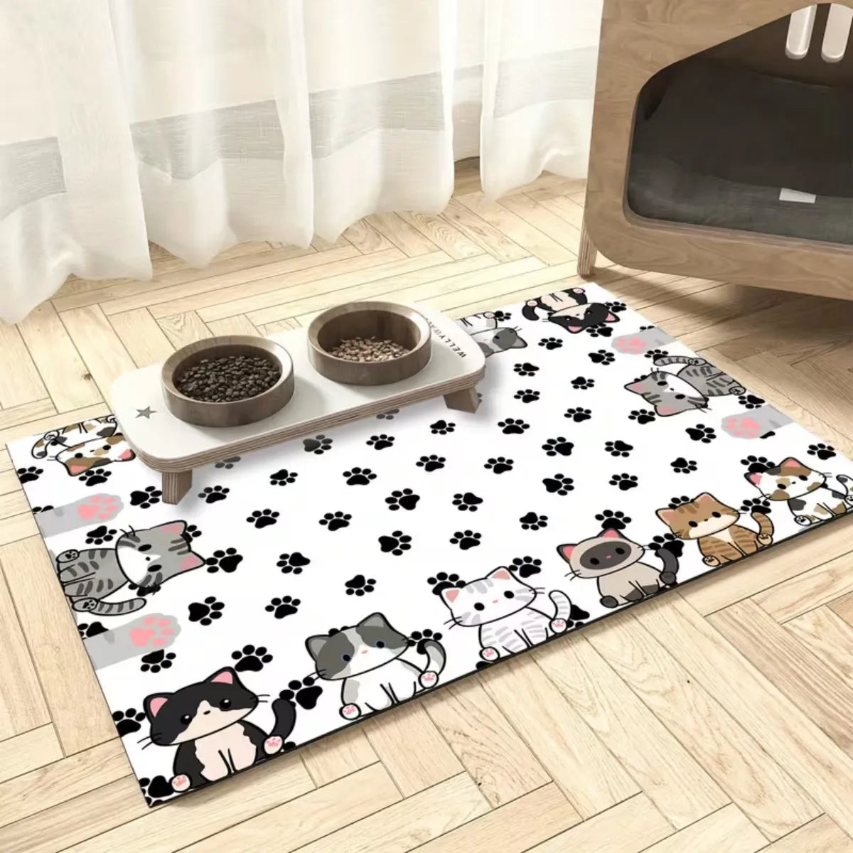 Square Pet Dining Mat Rubber Bottom Water Absorbent Non Slip Food and Water Bowl Protector
