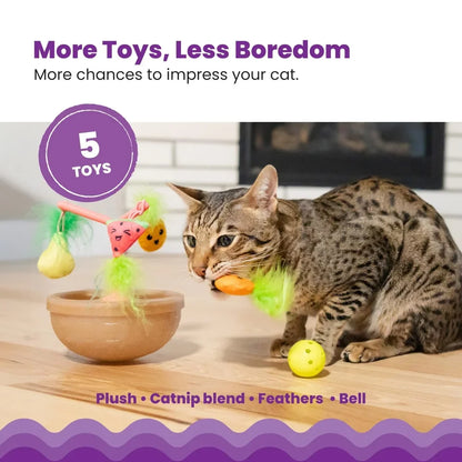 Wobbling Cat Toy Fruit Bowl with 5 Interactive Catnip Toys Indoor Entertainment