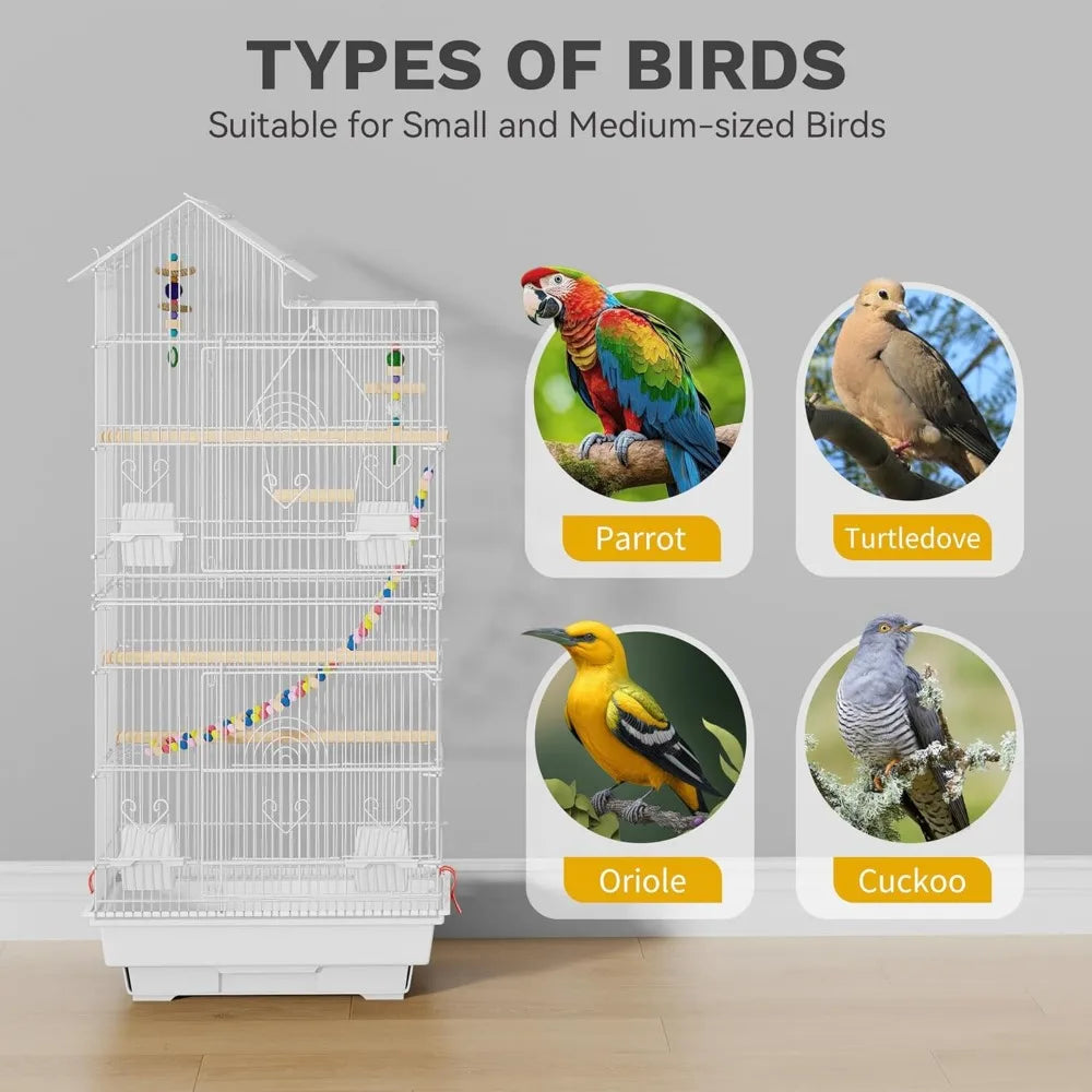 62-inch Metal Bird Cage for Cockatiels, Parrots, Pigeons, Lovebirds with Roof Access and Rolling Stand