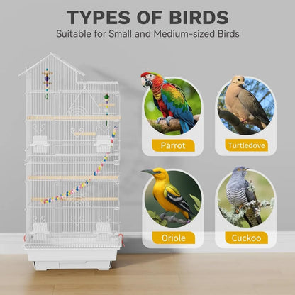 62-inch Metal Bird Cage for Cockatiels, Parrots, Pigeons, Lovebirds with Roof Access and Rolling Stand