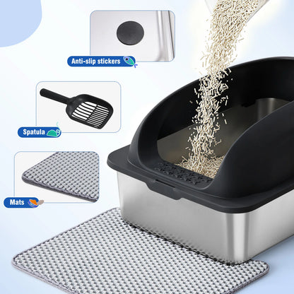 JHK Stainless Steel Cat Litter Box with Lid Scoop and Mat Included