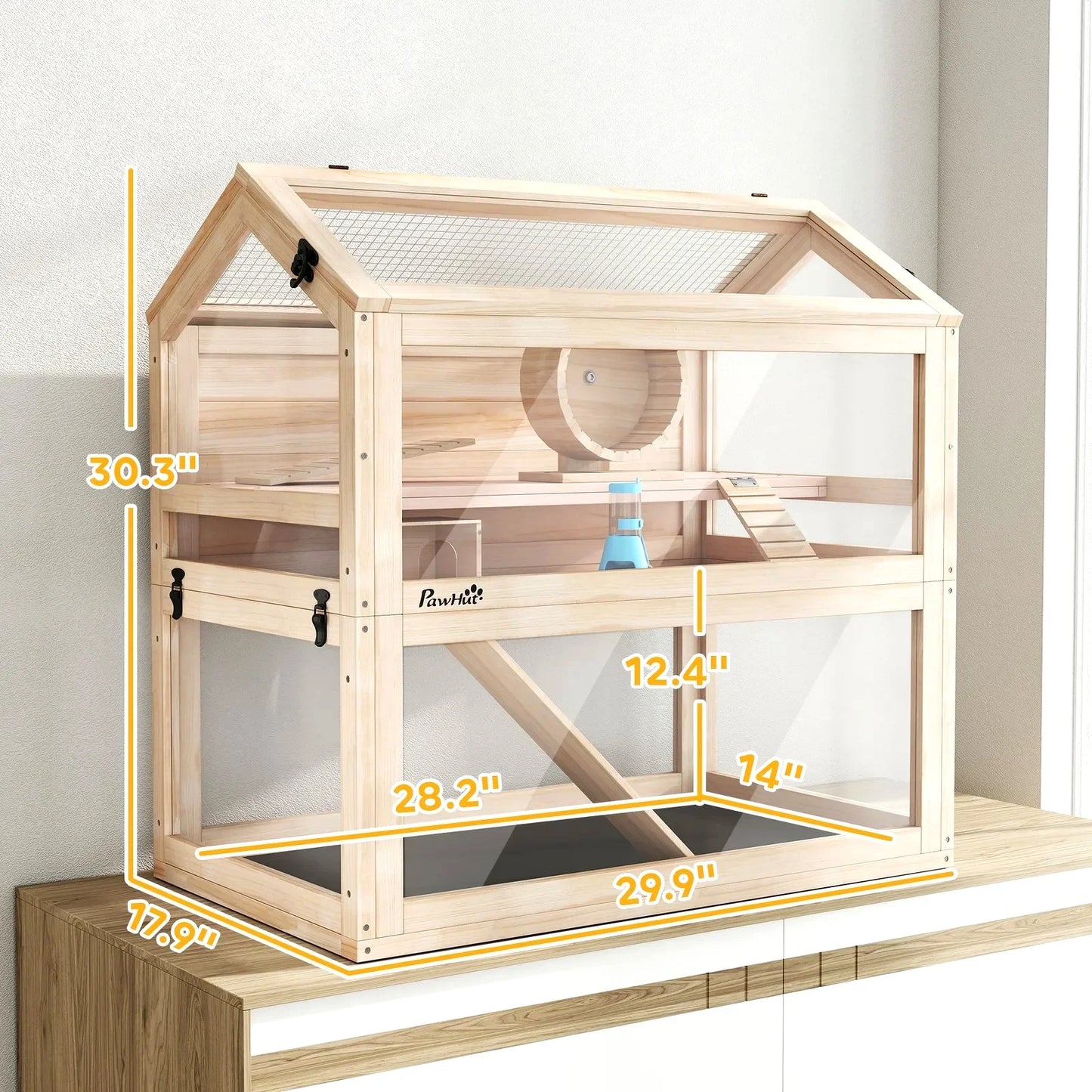 Wooden Hamster Cage, 3-Tier Small Animal Cage with Hut, Seesaw, Ramps