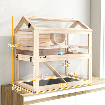 Wooden Hamster Cage, 3-Tier Small Animal Cage with Hut, Seesaw, Ramps
