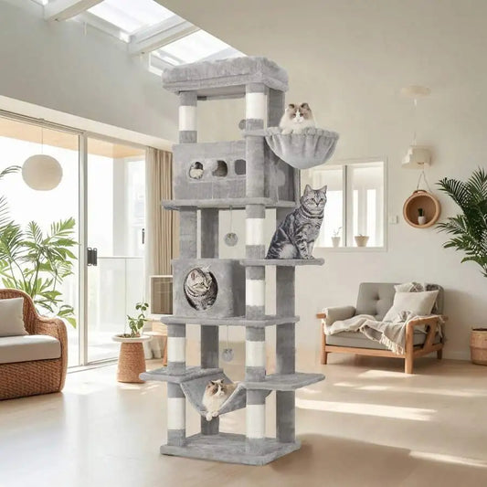 67" Tall Cat Tower For Indoor Cats, Multi-Level House With Condo, 8 Scratching Posts, Hammock, 4 Pom Pom
