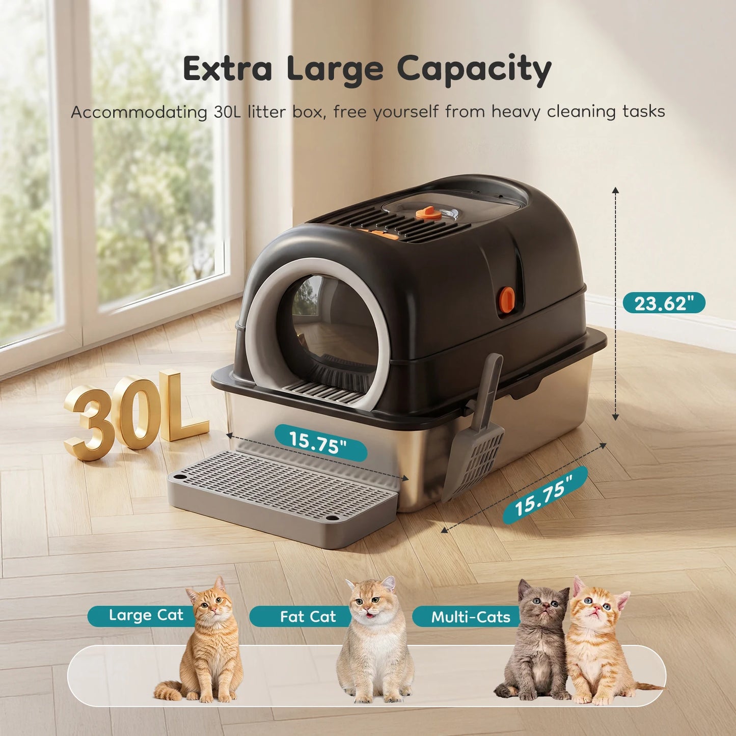 Stainless Steel Cat Litter Box with Fully Enclosed 30L Large Cat Litter Box