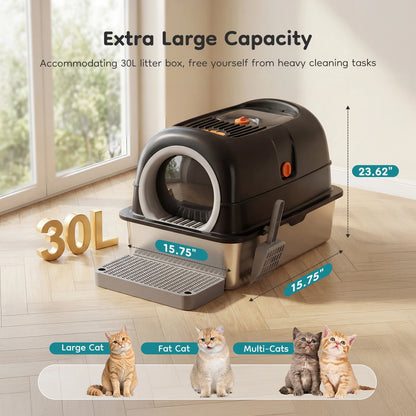 Stainless Steel Cat Litter Box with Fully Enclosed 30L Large Cat Litter Box