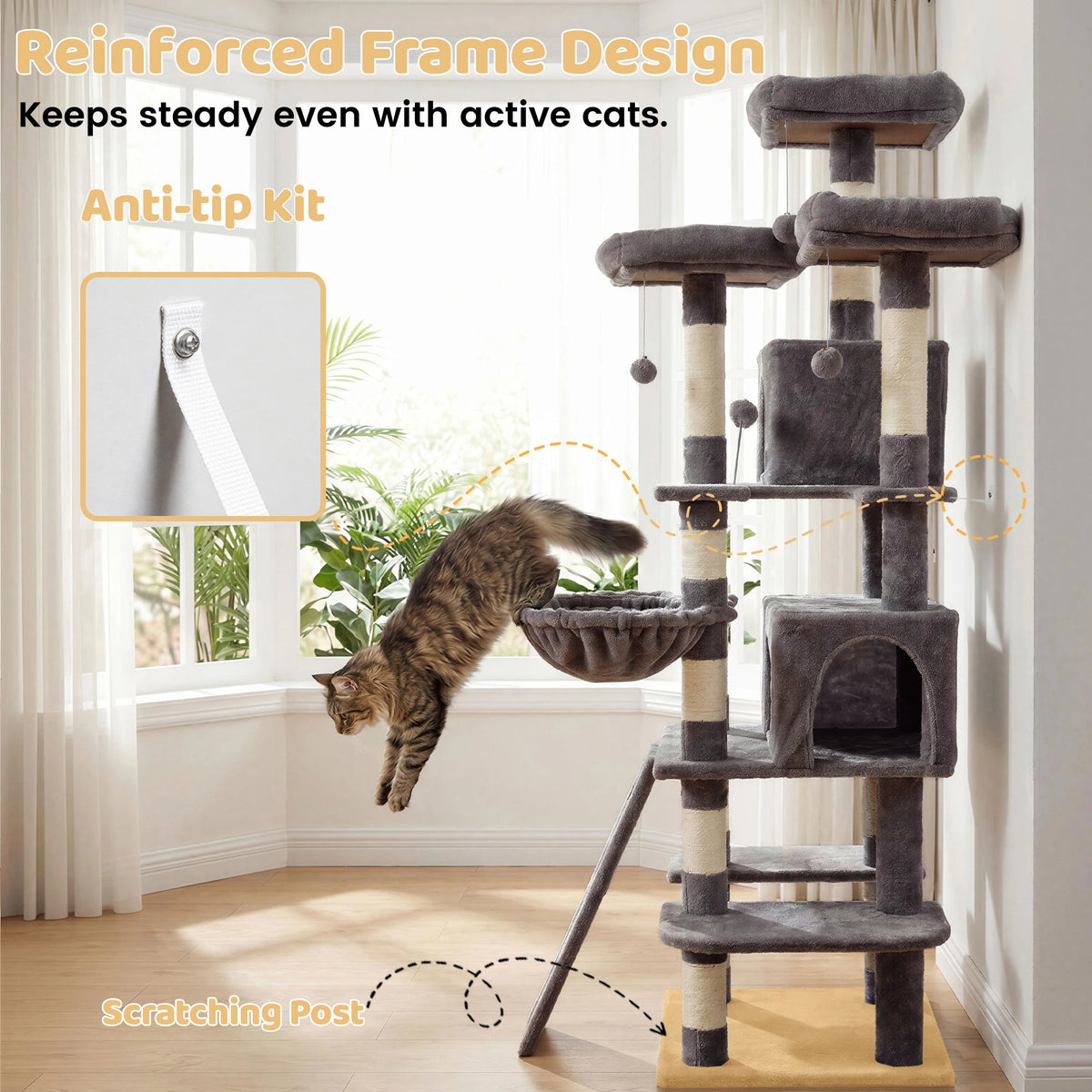 FOOWIN 68in Large Multi Level Cat Tree Tower Indoor Activity Center 2 Condos 3 Plush Perches Scratching Post