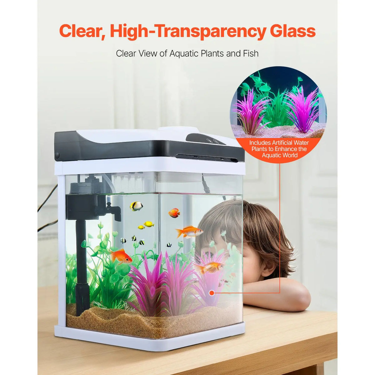 Fish Tank Aquarium, 2 Gallon LED Square Ultra-Clear Glass Tank Temperature Monitoring Adjustable 7 Color Lighting,