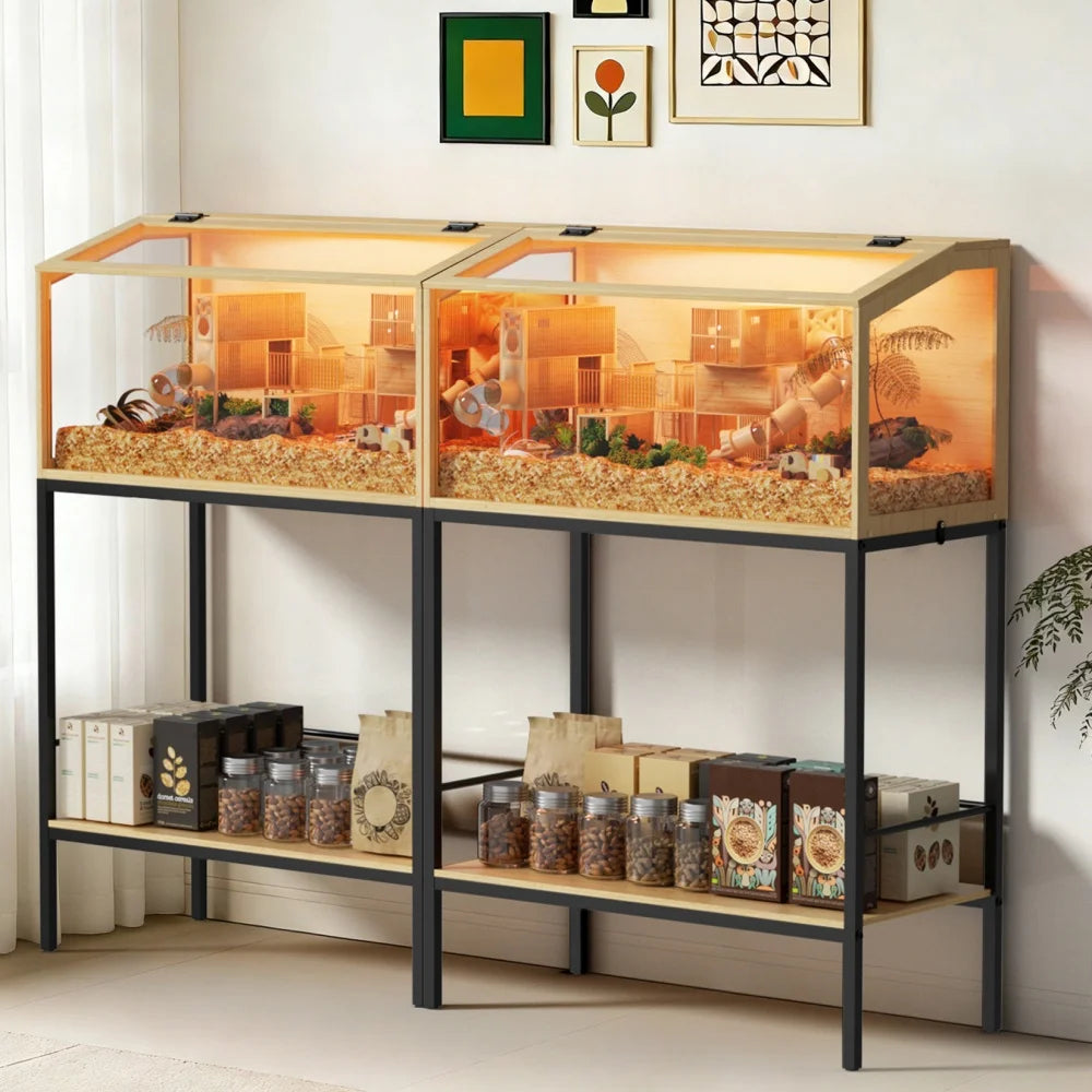 Large Elevated Wooden Hamster Cage with Storage Shelf - Small Animal Cage Habitat Built-in LED Light for Hedgehog Rodent Mice