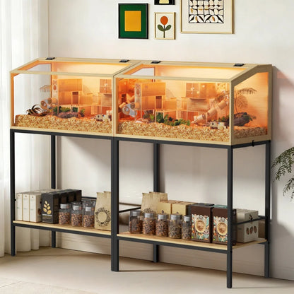 Large Elevated Wooden Hamster Cage with Storage Shelf - Small Animal Cage Habitat Built-in LED Light for Hedgehog Rodent Mice