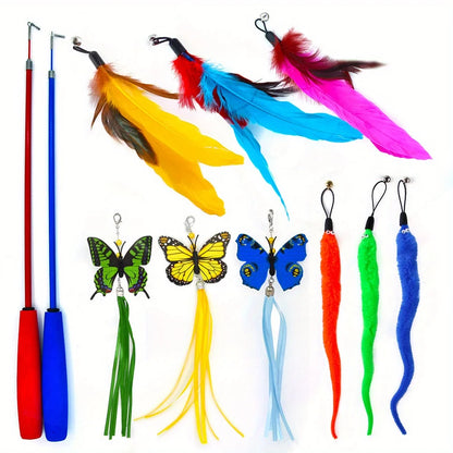 Interactive Cat Toys 11 Pack Funny Feather with Bell Cat Stick Toy for Kitten Playing Teaser Wand