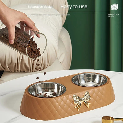 Bow-tie Bowknot Food Bowl Dog Bowl Stainless Steel Double Feeding and Drinking Double Bowl