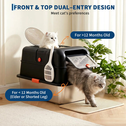 Enclosed Stainless Steel Litter Box With Lid - Dog Proof XL High Sided Anti Leak Front Entry Top Exit For Big Cats Includes