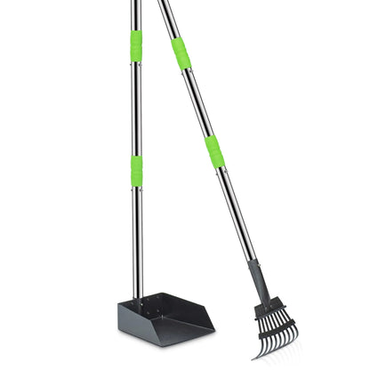 Dog Pooper Scooper Tray and Rake Set, Stainless Handles