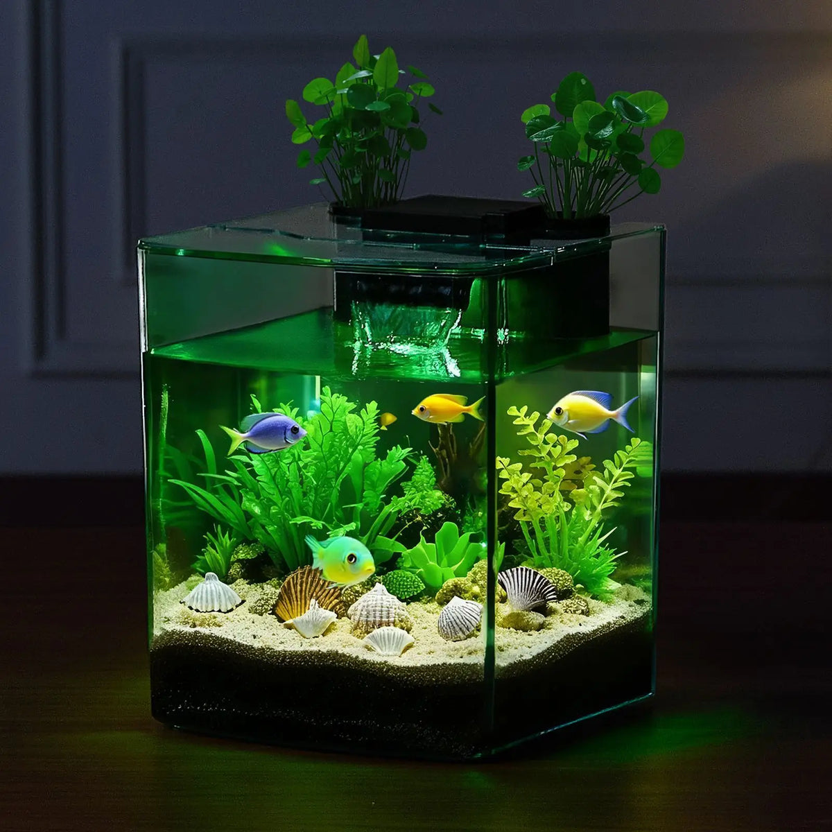 Fish Tank Aquarium, 2 Gallon Arch Ultra-Clear GPPS Starter Smart Tank Adjustable 3 Color Lighting, Self Cleaning System
