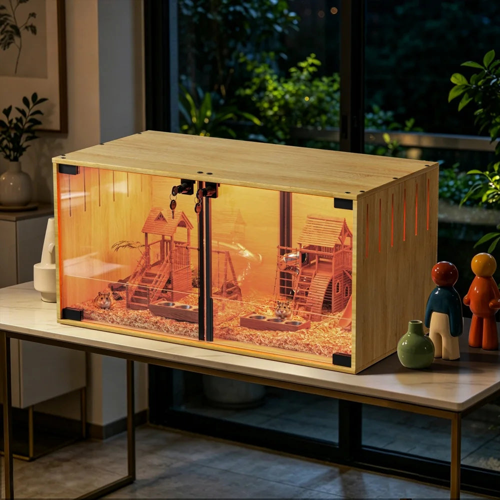 Wooden Hamster Cage Chew-proof Small Animal Habitat Cage with Dual Doors Lock Removable Divider Enclosure