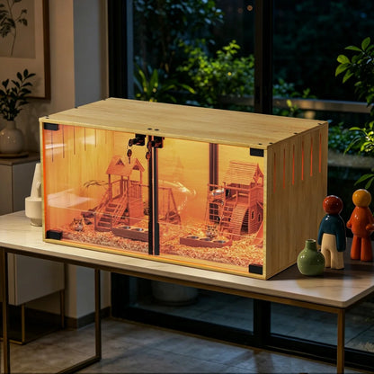 Wooden Hamster Cage Chew-proof Small Animal Habitat Cage with Dual Doors Lock Removable Divider Enclosure