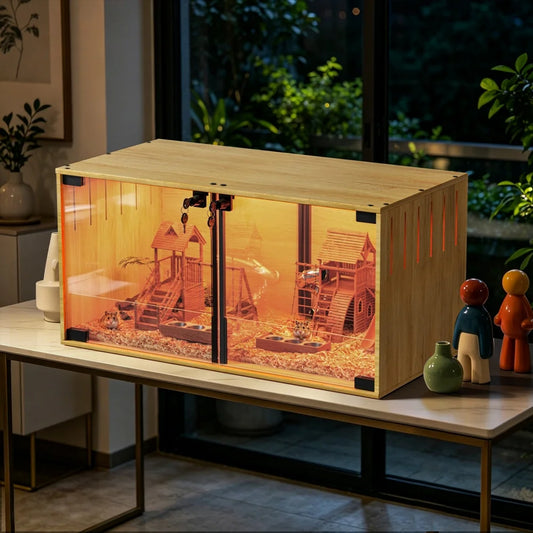 Wooden Hamster Cage Chew-proof Small Animal Habitat Cage with Dual Doors Lock Removable Divider Enclosure