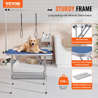 SucceBuy Pet Grooming Table Two Arms with Clamp Dog Grooming Station Foldable Stand for Medium Small Dogs with Grooming Loop