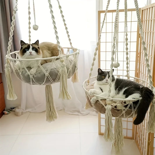 Extra Large Hand-woven Cotton Rope Cat Hammock  Super Load-bearing Durable Fits 2 Cats