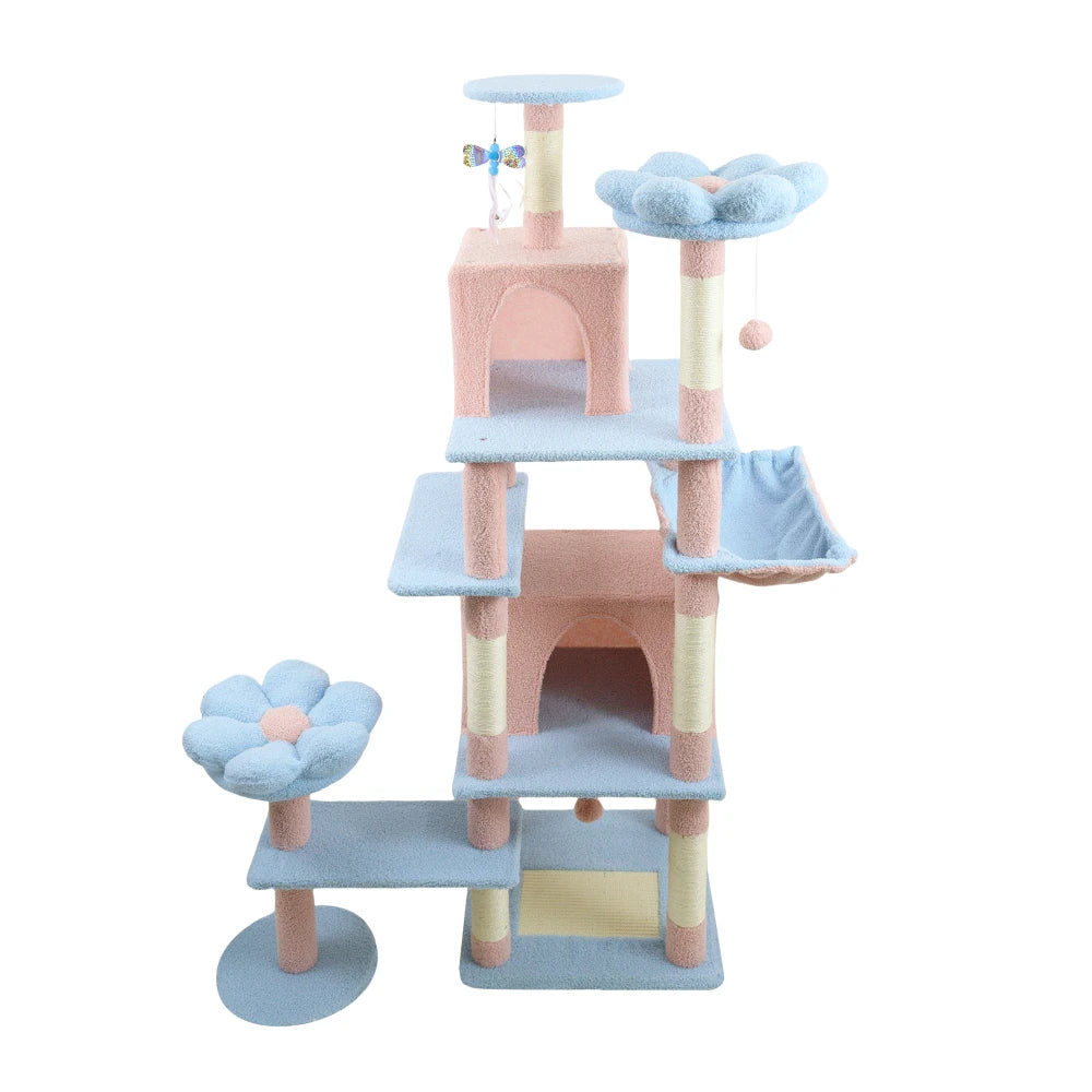 71" Tall Flower Cat Tree for Large Cats, 7-Level Climbing Tower with Extra Large Condo & Wide Hammock, Unique Horizontal Scratching Pad,