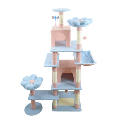 71" Tall Flower Cat Tree for Large Cats, 7-Level Climbing Tower with Extra Large Condo & Wide Hammock, Unique Horizontal Scratching Pad,