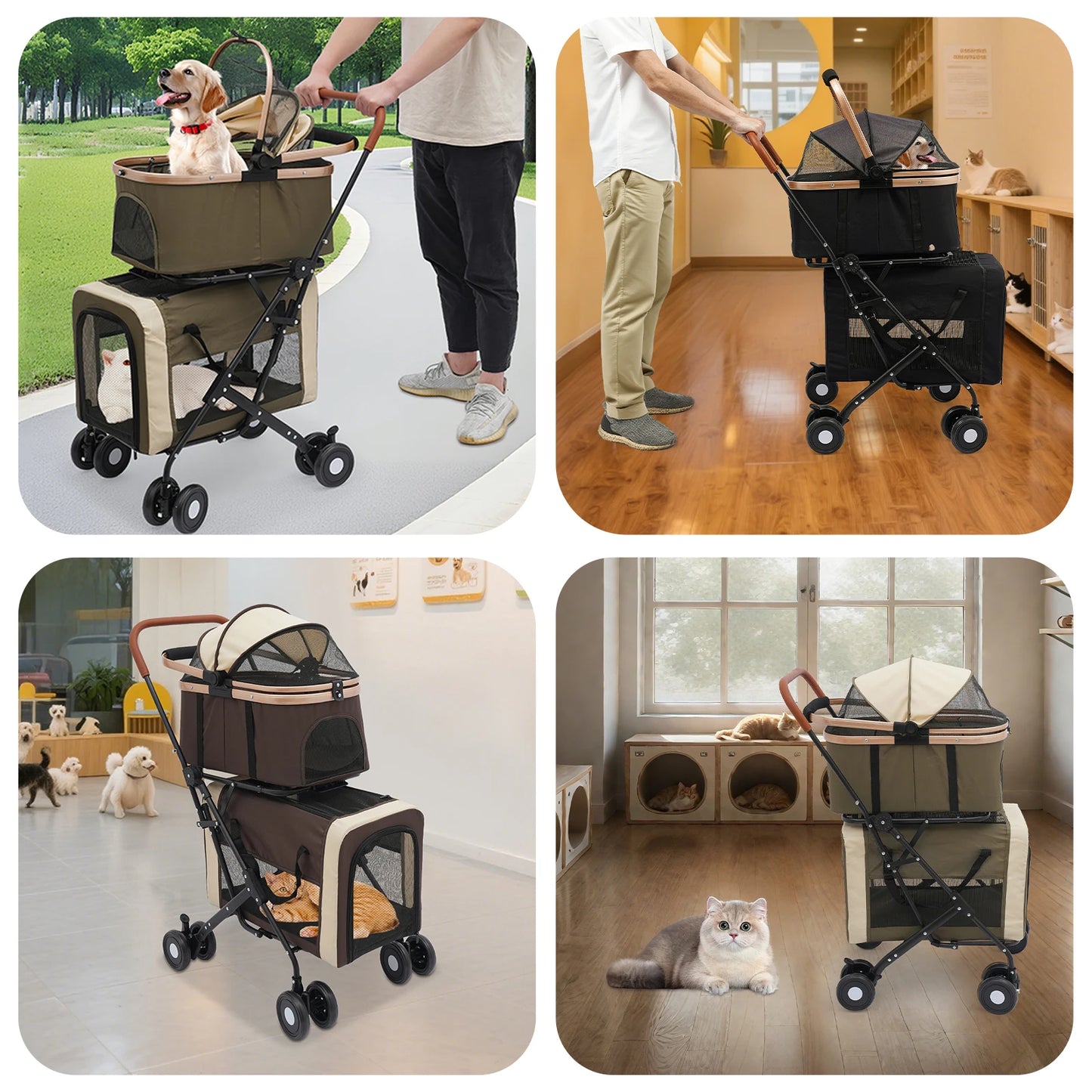 3-in-1 Multifunctional Pet Stroller Foldable with 2 Pet Carriers for Small & Medium