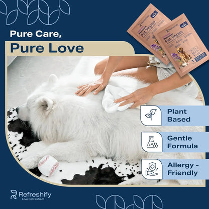 Plant Based Lavender Pet Wipes for Paws and Butt - 400 Count with 12 Travel Packs - Deodorizing & Non Toxic for Dogs and Cats