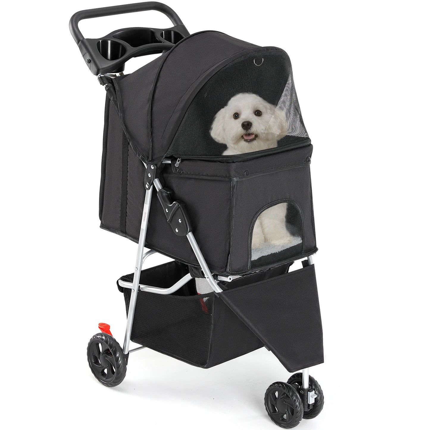 JHK 3 Wheels Foldable Pet Stroller for Small Dogs and Cats with Mesh Windows Storage Basket Cup Holder