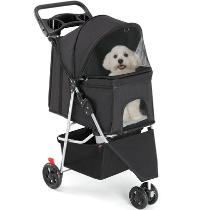 JHK 3 Wheels Foldable Pet Stroller for Small Dogs and Cats with Mesh Windows Storage Basket Cup Holder