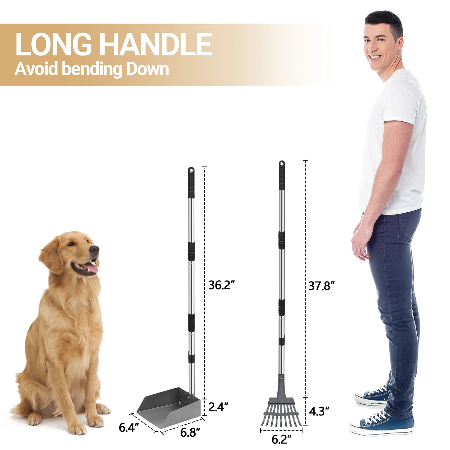 Dog Pooper Scooper Tray and Rake Set, Stainless Handles