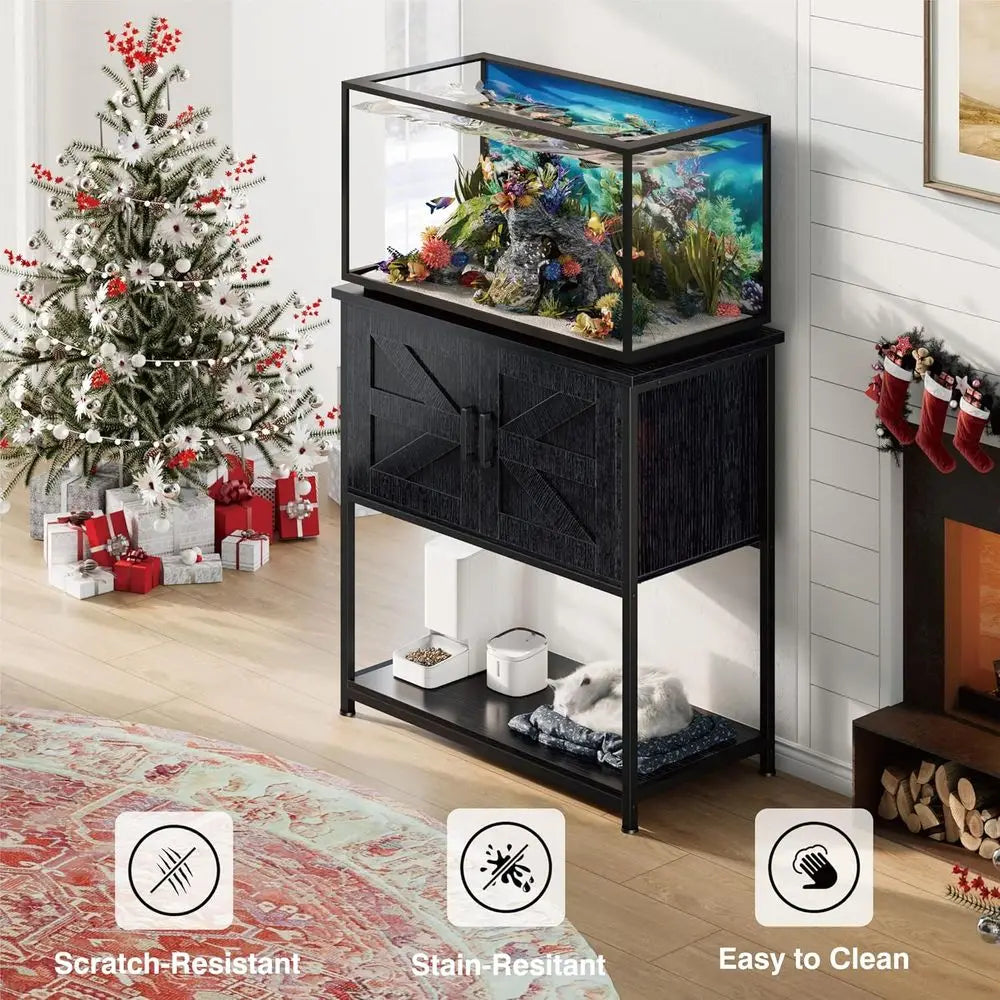 Farmhouse Style 20 Gallon Aquarium Stand with Storage, Heavy-Duty for Fish Tanks, Reptiles, and Terrariums in Black
