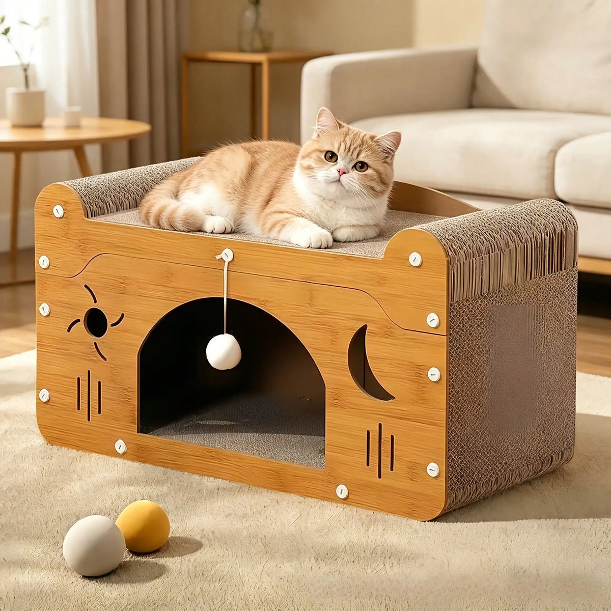 2 In 1 Double Layer Cardboard Cat Scratcher Lounge Bed  Detachable Upper Platform With 2 Hanging Pom Pom Balls