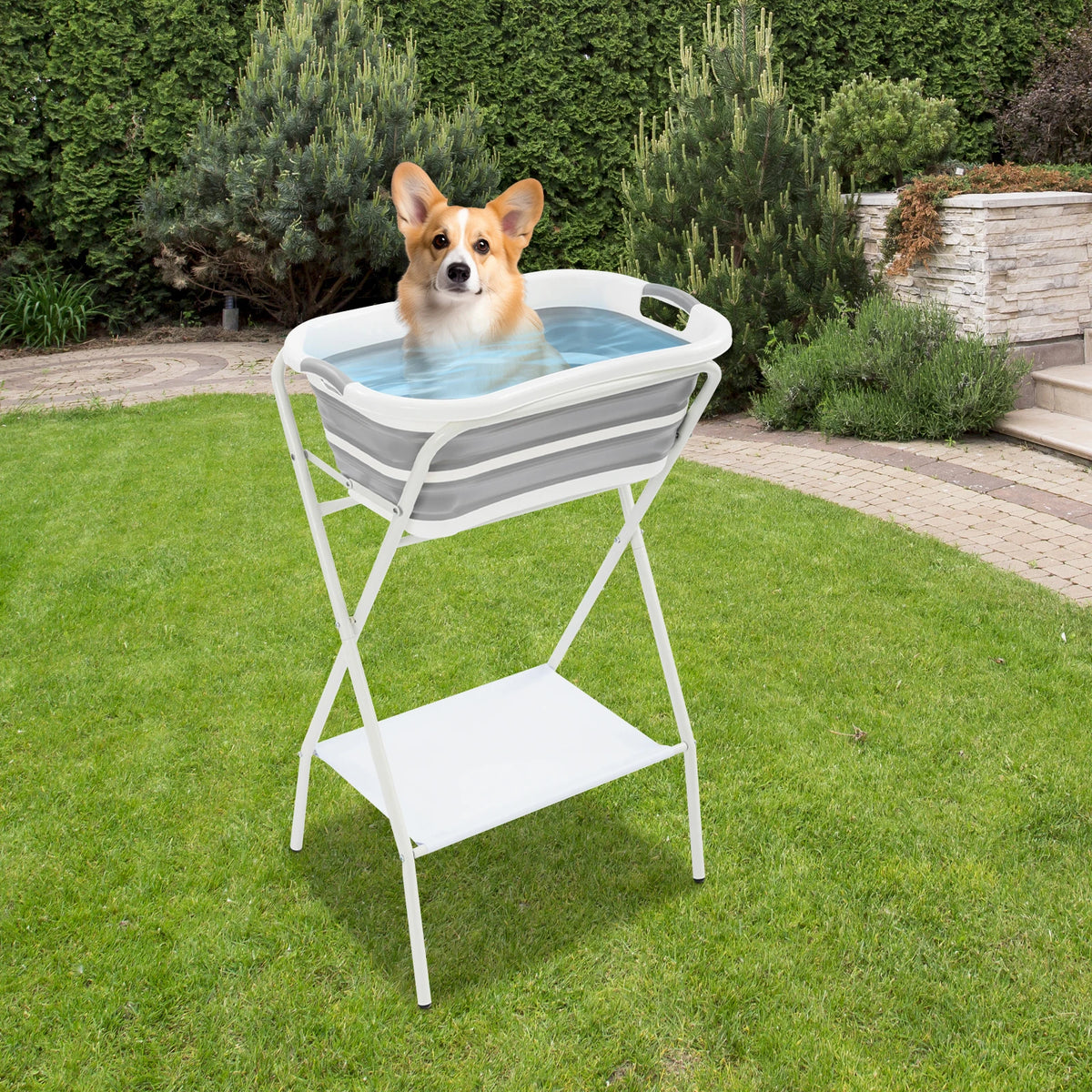 2 in 1 Elevated Dog Bath Tub, Collapsible Portable Dog Washing Station with Drainage Hole