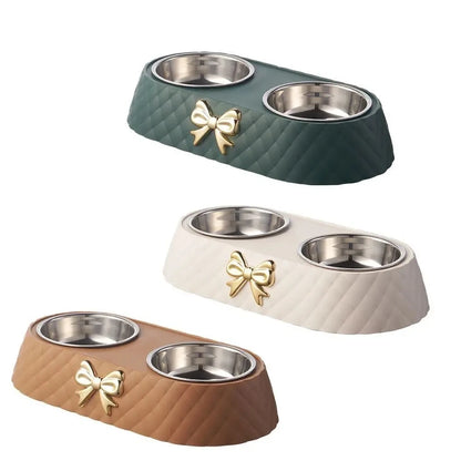 Bow-tie Bowknot Food Bowl Dog Bowl Stainless Steel Double Feeding and Drinking Double Bowl
