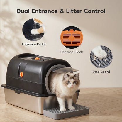Stainless Steel Cat Litter Box with Fully Enclosed 30L Large Cat Litter Box