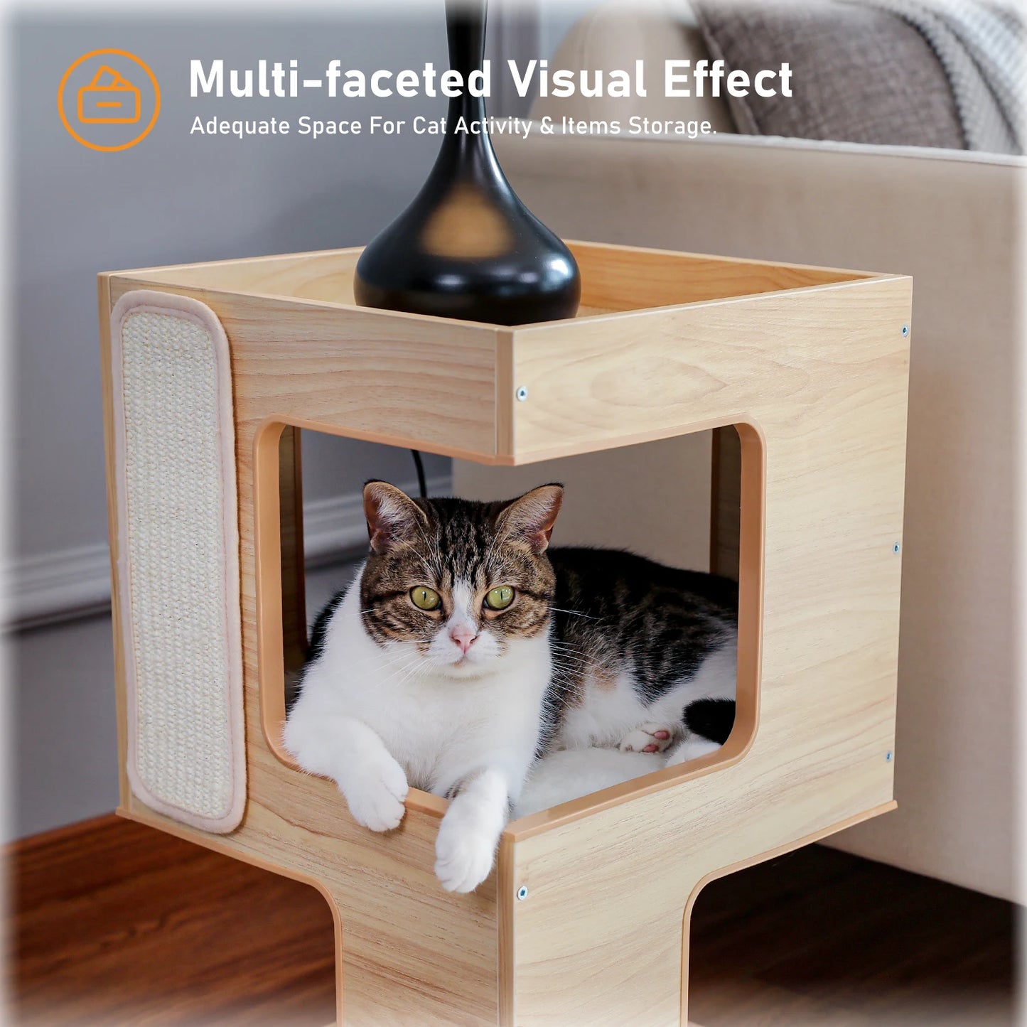 Wood Cat Condo House Bed with Removable Soft Mats Modern Cat Tree Tower with Scratching Pad