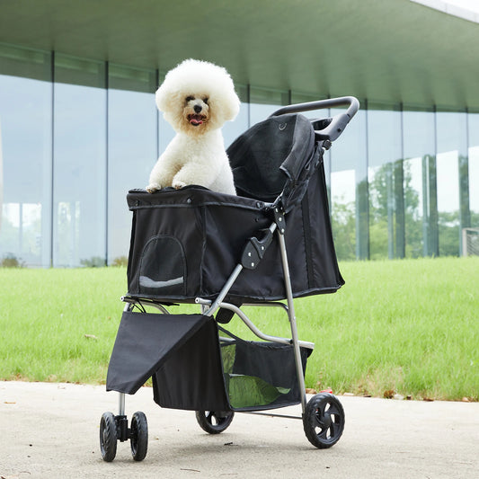 JHK 3 Wheels Foldable Pet Stroller for Small Dogs and Cats with Mesh Windows Storage Basket Cup Holder