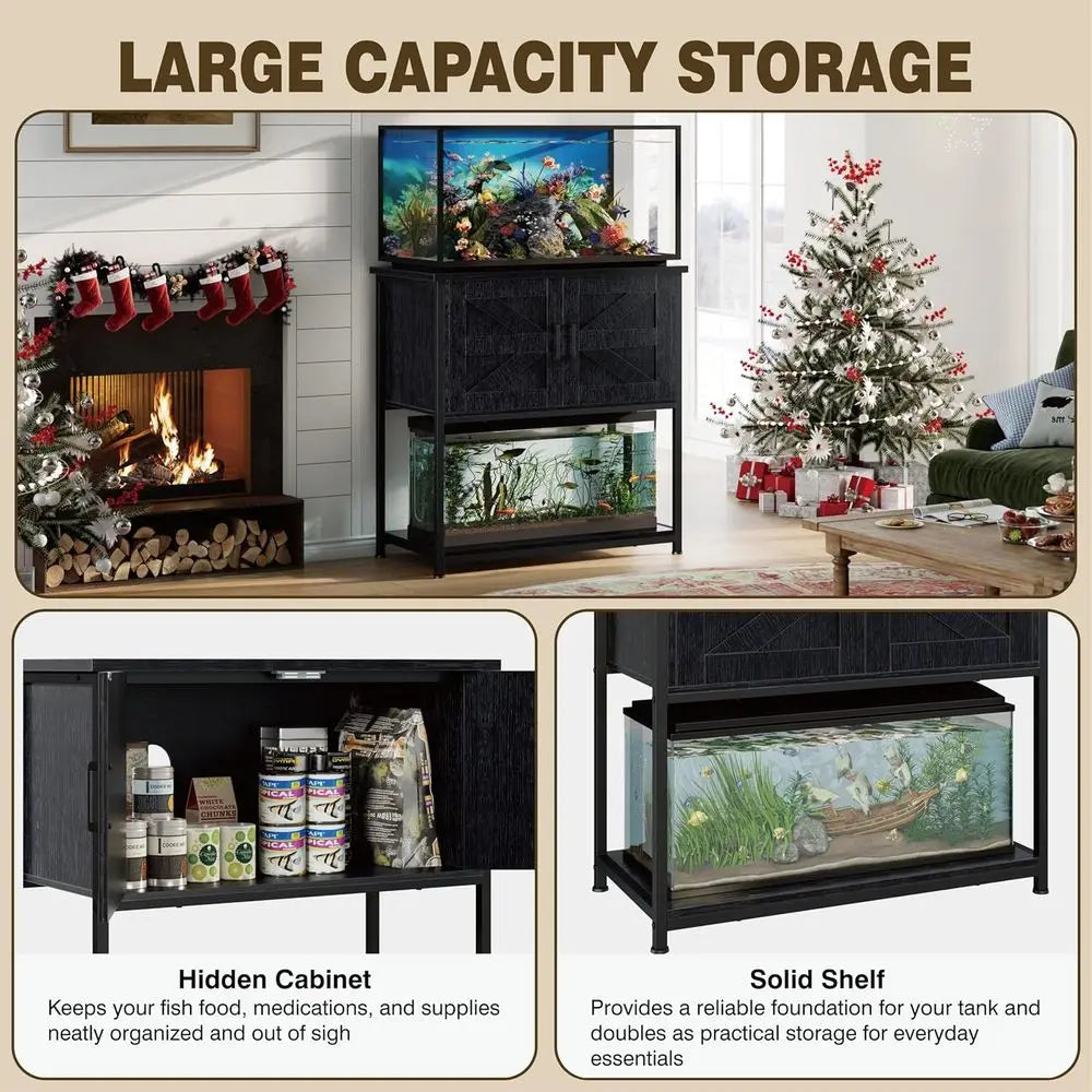 Farmhouse Style 20 Gallon Aquarium Stand with Storage, Heavy-Duty for Fish Tanks, Reptiles, and Terrariums in Black