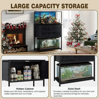 Farmhouse Style 20 Gallon Aquarium Stand with Storage, Heavy-Duty for Fish Tanks, Reptiles, and Terrariums in Black