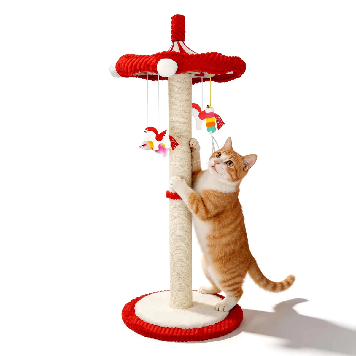 39“ Tall Carousel Cat Scratching Post with Hanging Toys with Rotating Top 17.7" Stable Base