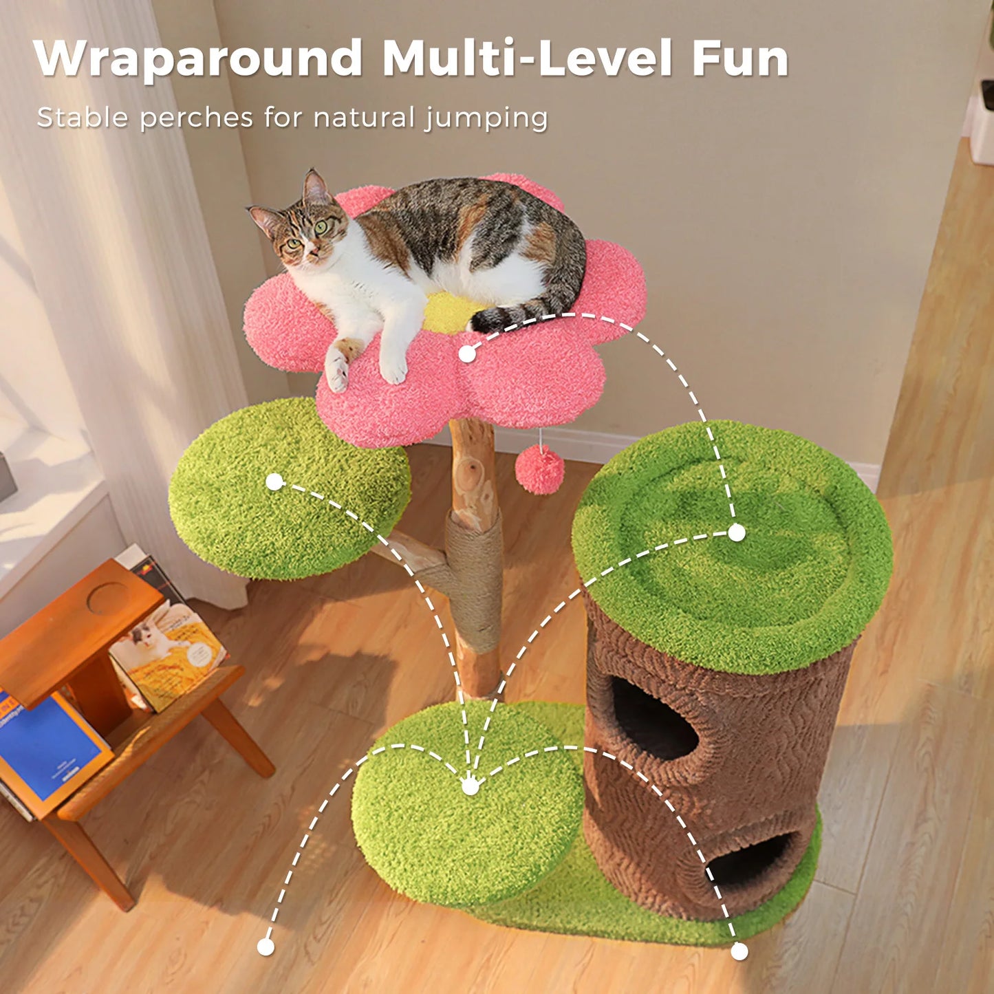 Large Cat Tree with 4 Spacious Condos Thick Scratching Post Flower Top Bed,  Indoor Luxury Cat House
