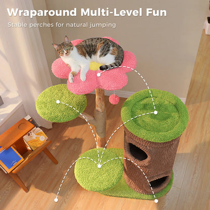 Large Cat Tree with 4 Spacious Condos Thick Scratching Post Flower Top Bed,  Indoor Luxury Cat House