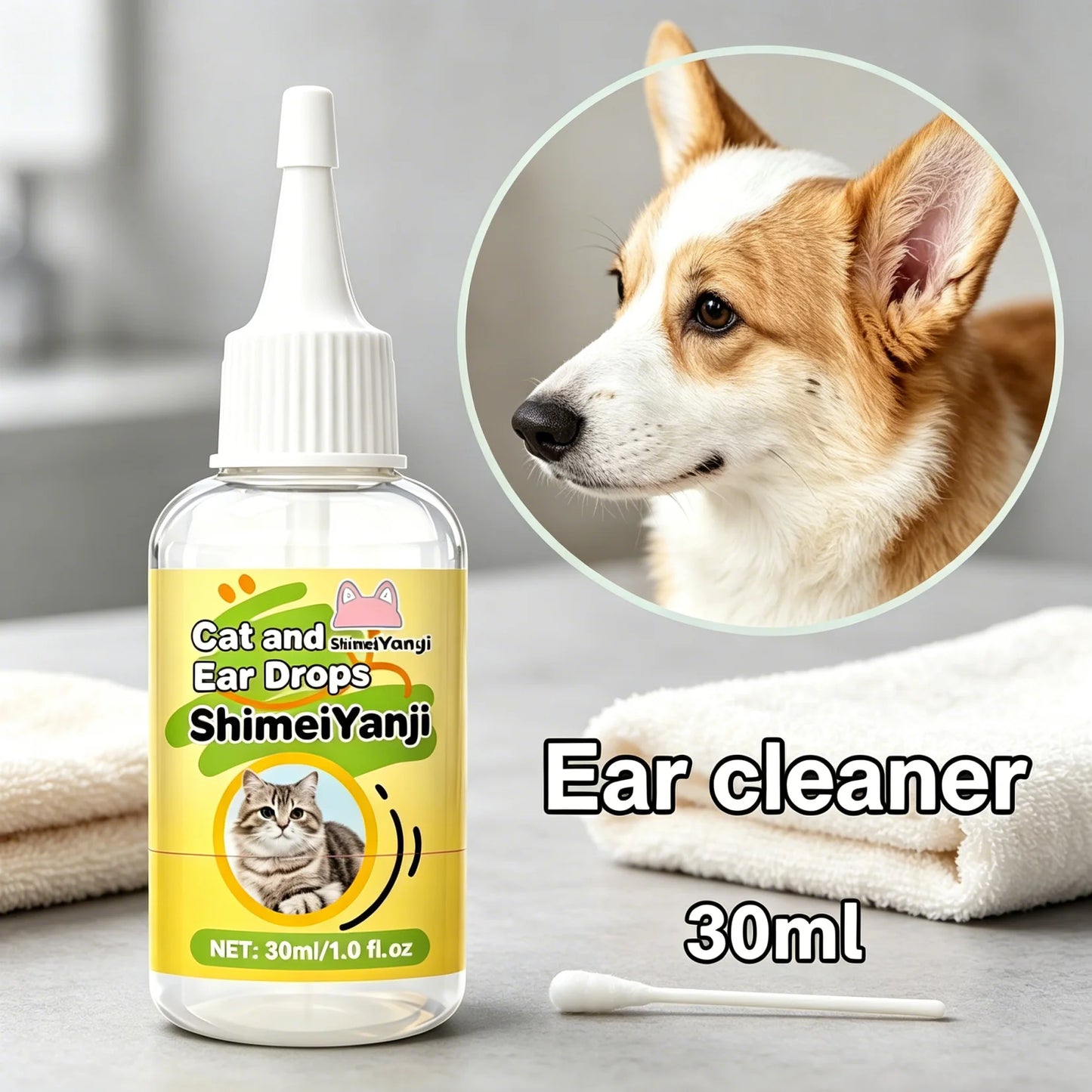Professional Pet Ear Cleaning Drops 30ml – Gentle Formula Suitable for Dogs and Cats, Removes Earwax, Dirt, and Odor, Prevents Infection, Relieves Itching, and Is Ideal for Daily Care.