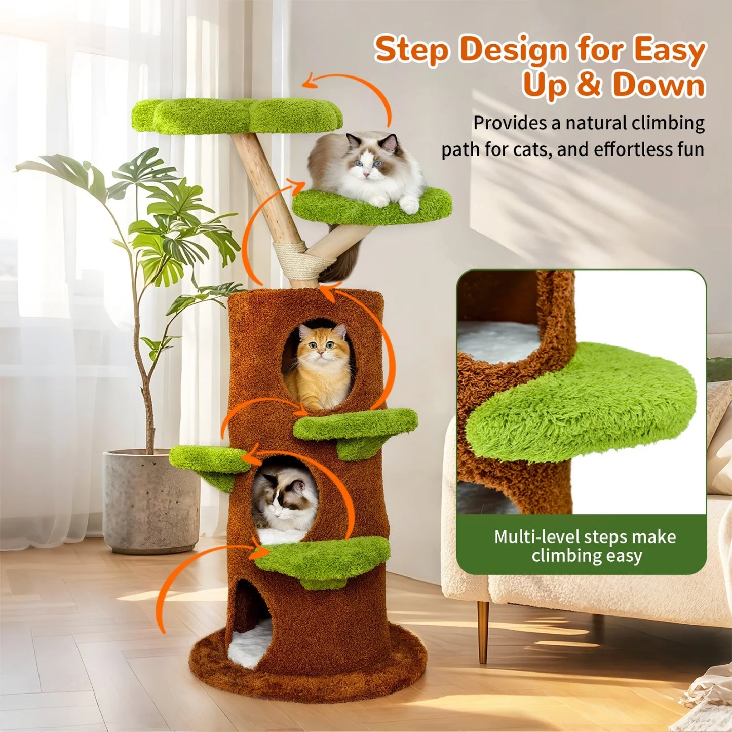 Indoor Cat Tree Tower Center for Large Cats with Flower-shaped Plush Stairs Condo